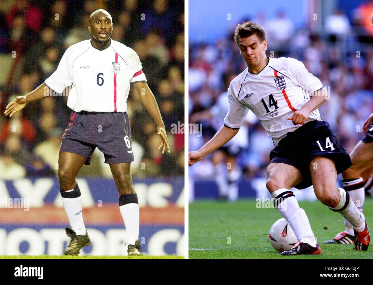 Photo composite des joueurs d'Angleterre sol Campbell (à gauche) et Jonathan Woodgate (à droite) qui ont été exclus du match international amical contre la Croatie demain. L'entraîneur d'Angleterre Sven-Goran Eriksson a révélé que les deux défenseurs, qui ont manqué la séance d'entraînement initiale d'hier, rentrent de la base de l'escouade dans l'Essex. Banque D'Images