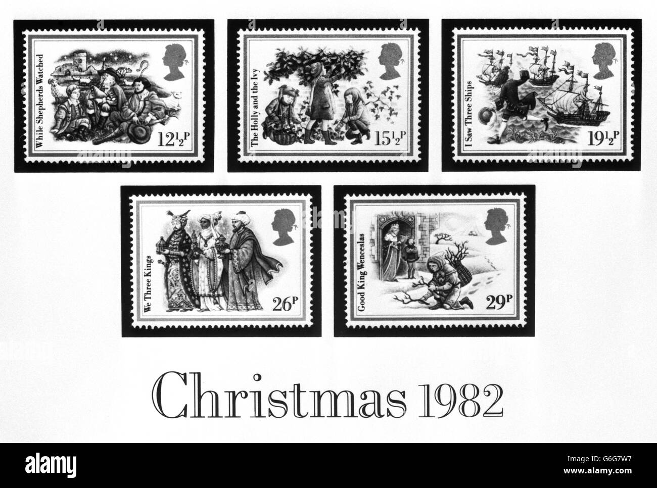 Les dessins de Barbara Brown pour les timbres de Noël de cette année, qui représentent cinq chants de saison. Banque D'Images