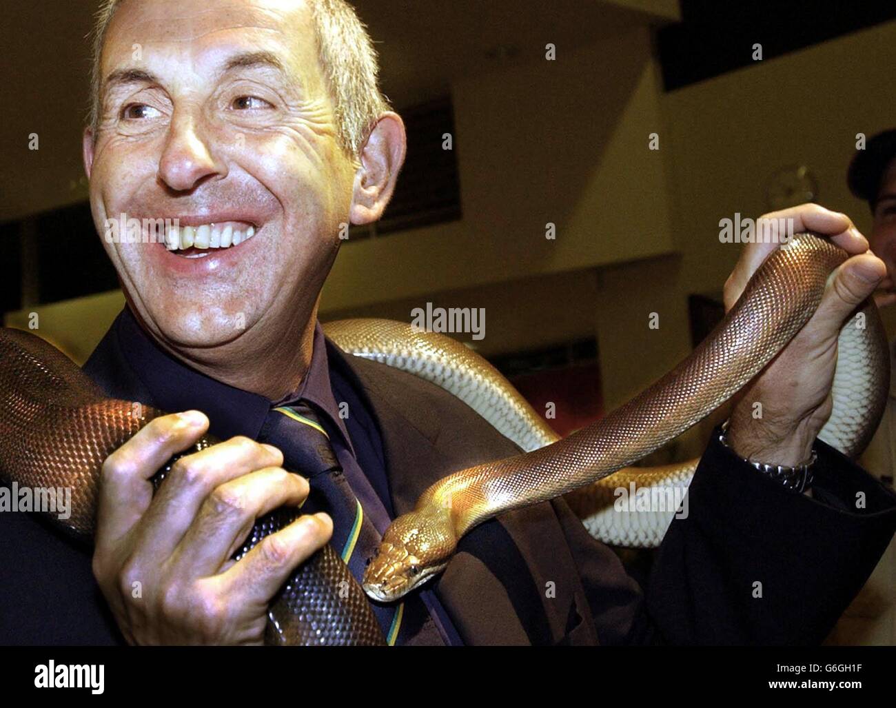 Ian McGeechan, entraîneur de l'équipe d'Écosse, avec un Olive Python australien au Townsville Tropical Museum, le vendredi 10 octobre 2003, où l'équipe est arrivée pour une réception avant leur match de la coupe du monde contre le Japon à Townsville le dimanche 12 octobre. Photo PA : David Cheskin. PAS D'UTILISATION DE TÉLÉPHONE MOBILE. LES SITES INTERNET NE PEUVENT UTILISER QU'UNE IMAGE TOUTES LES CINQ MINUTES PENDANT LE MATCH Banque D'Images