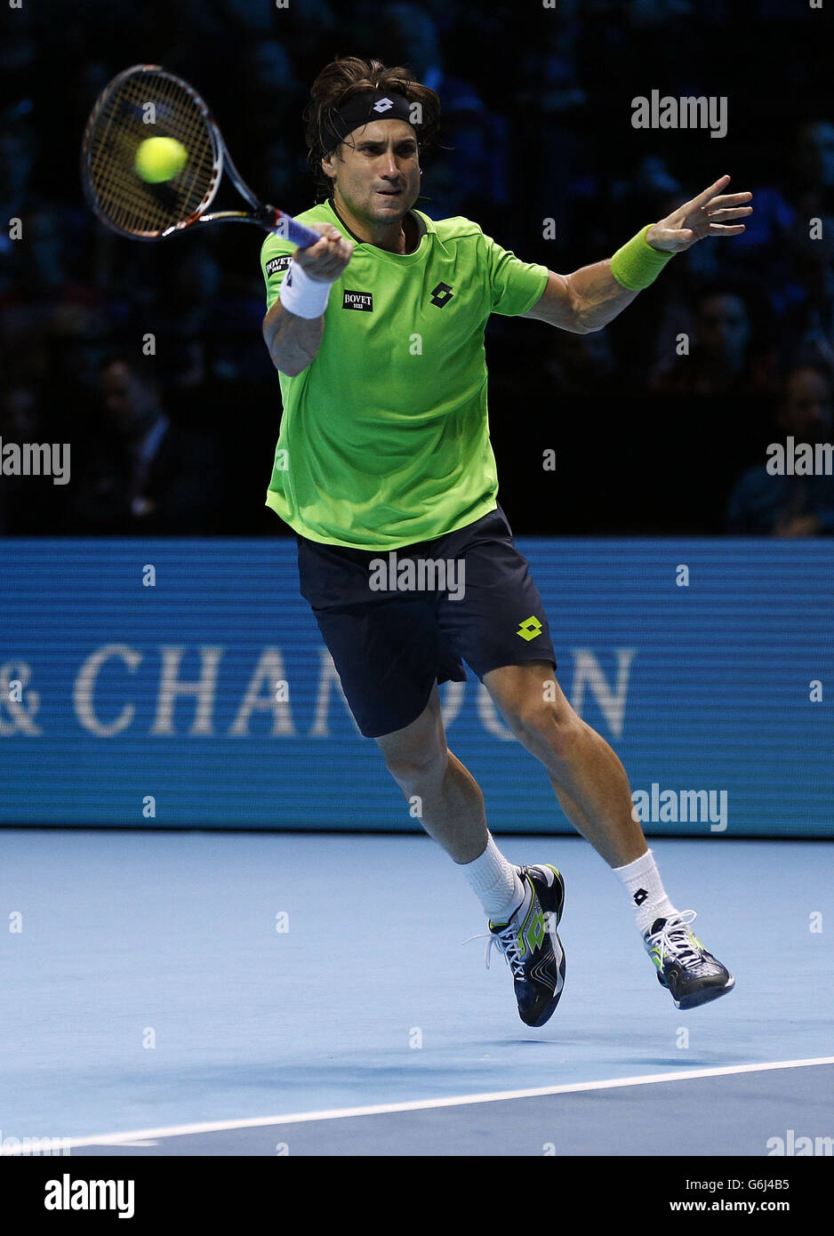 David Ferrer concurrence Stanislas Wawrinka pendant la cinquième journée des finales du Barclays ATP World Tour à l'O2 Arena, Londres. Banque D'Images