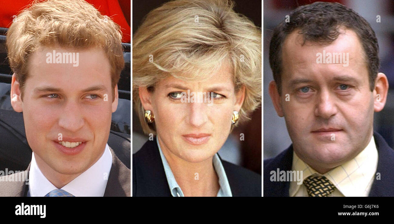 Le prince William (à gauche), qui a publié une déclaration, s'en prend à l'ancien maître d'hôtel royal Paul Burrell (à droite) pour sa « trahison froide et débridée » de la princesse de Galles (au centre) et lui demande de mettre fin à ses révélations. M. Burrell, qui a travaillé pour la princesse, a fait une série de réclamations, dont celle que Diana craignait pour sa vie et a parlé d'un complot pour falsifier les freins de sa voiture. Banque D'Images