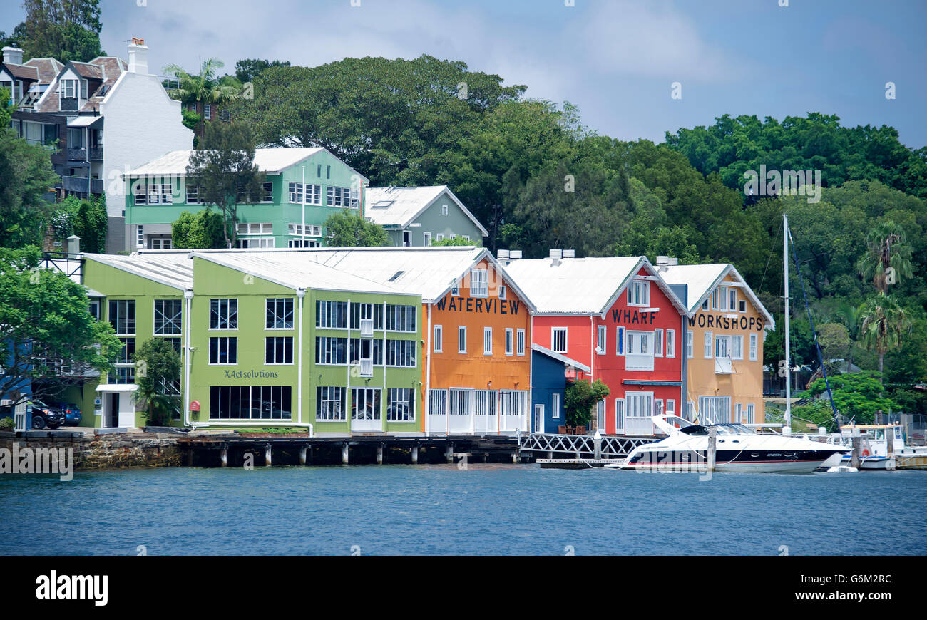 Ateliers du quai avec vue sur la baie de Mort Balmain Sydney NSW Australie Banque D'Images