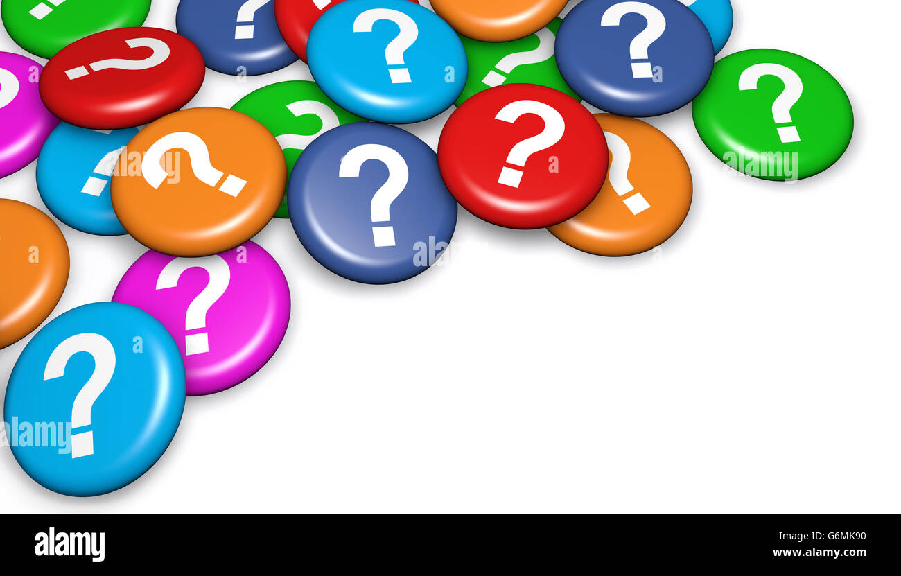Point d'interrogation et de l'icône sur badges colorés client entreprises questions concept 3d illustration sur fond blanc. Banque D'Images