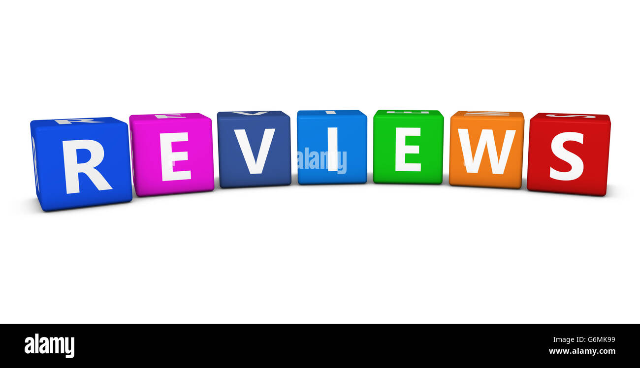 Reviews s et mot concept sur les cubes colorés 3D illustration isolé sur blanc. Banque D'Images
