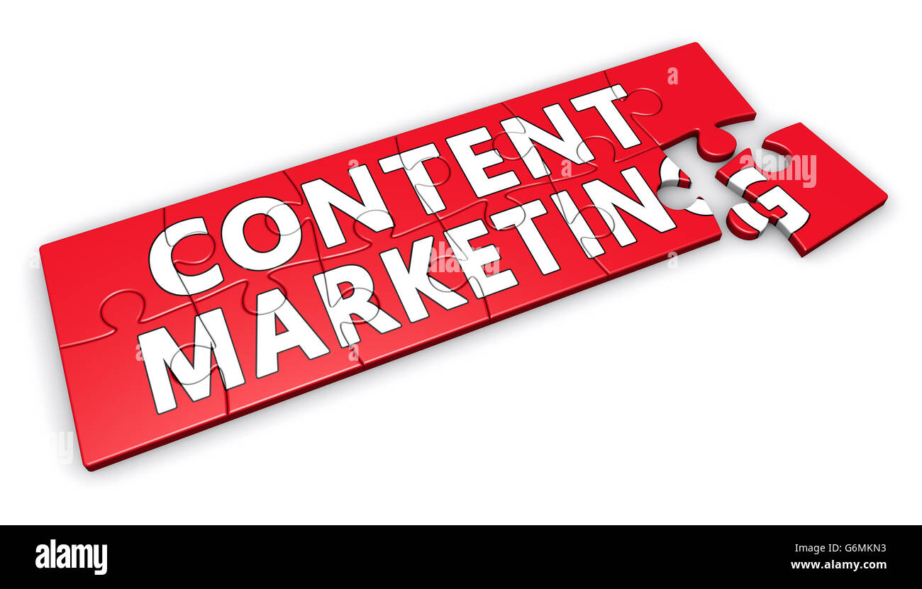Développement d'affaires en ligne de marketing de contenu concept avec signe et mot sur une red puzzle 3D illustration sur blanc. Banque D'Images