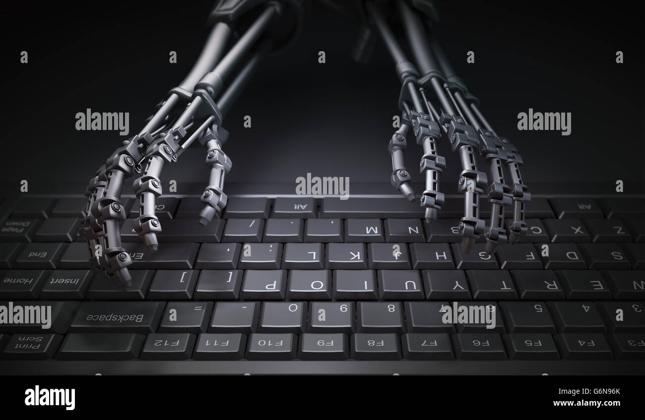 Robot de la saisie sur un clavier d'ordinateur - Automatisation et AI research concept illustration Banque D'Images