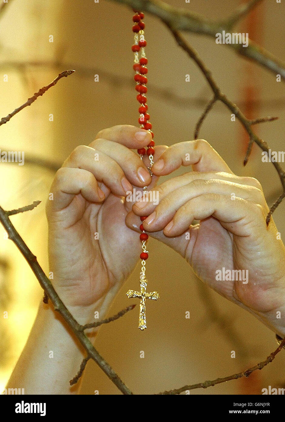 L'artiste Mark Wallinger pend des rosaires catholiques sur son arbre de Noël « stimulant », à la galerie d'art de Tate Britain, Londres. Selon la légende, le bois d'un tremble a été utilisé pour faire la croix sur laquelle Christ a été crucifié et les rosaires sont conçus pour aider à la prière méditative. Banque D'Images