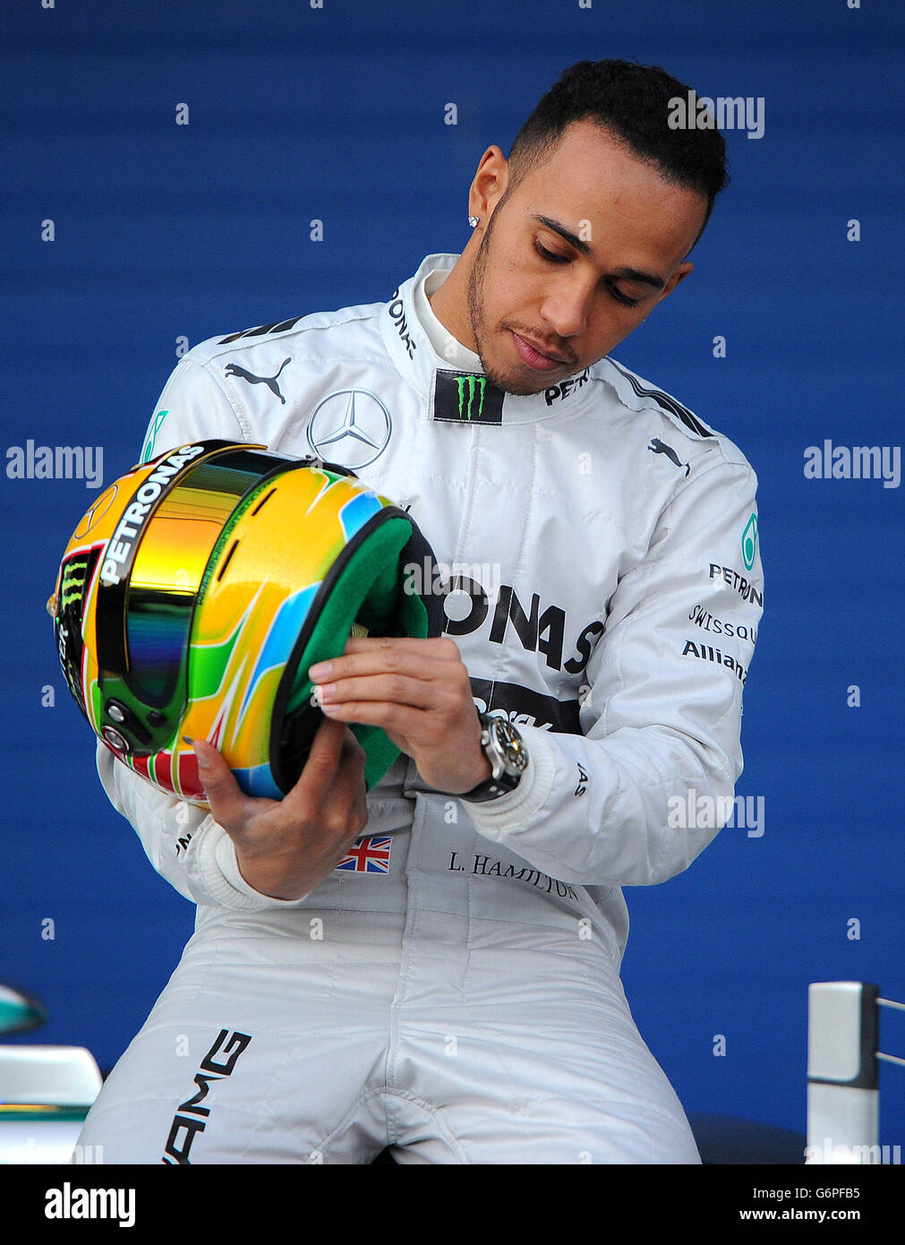 Formule 1 - 2014 tests - première journée - circuit de Jerez.Lewis Hamilton, pilote de Mercedes, lors du lancement de la nouvelle Mercedes F1 W05 au circuit de Jerez, Jerez, Espagne. Banque D'Images