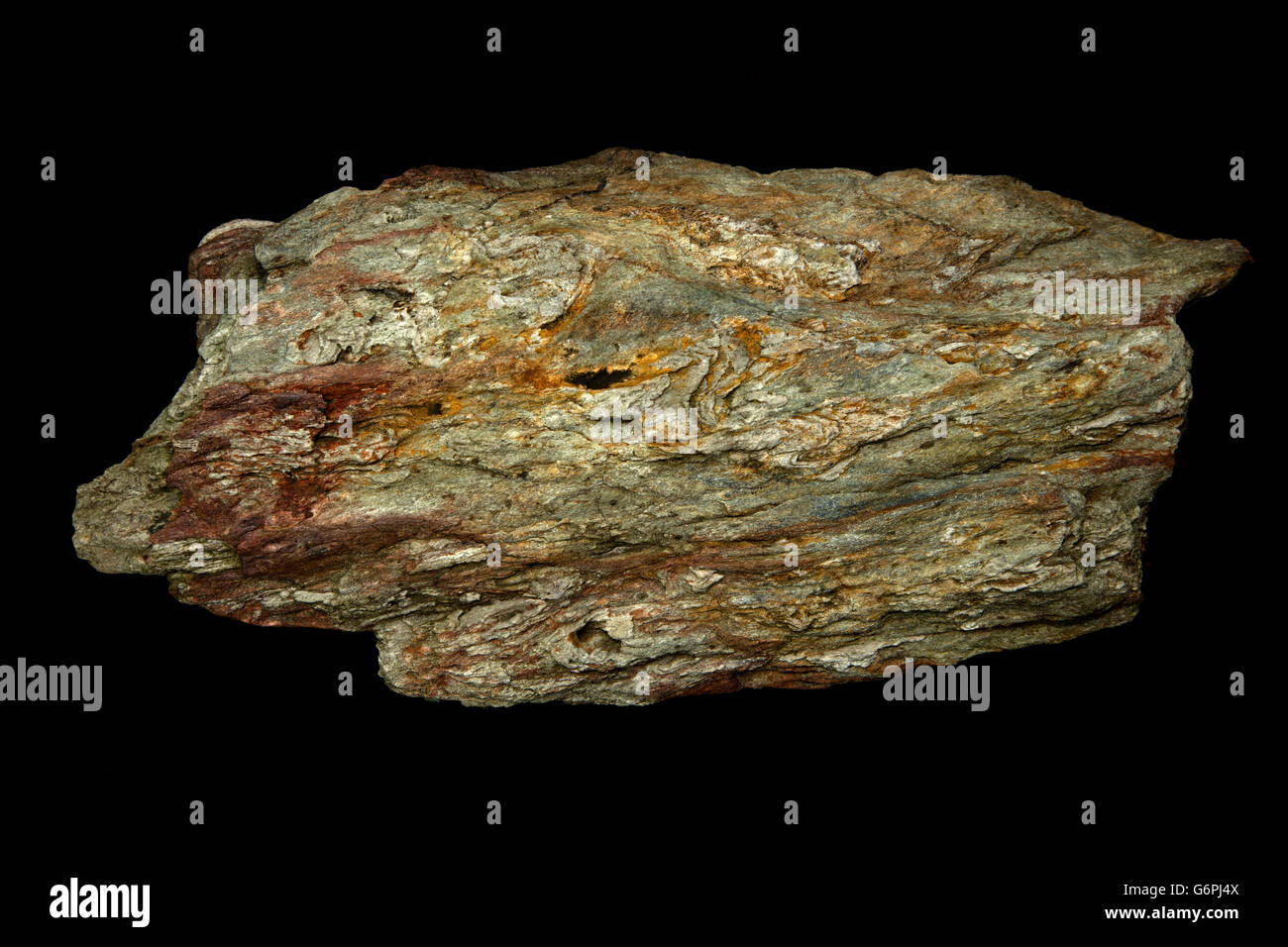 Schiste abîmé, schiste de Marburg, comté de Montgomery Maryland, phyllite gris-vert, schiste mica-chlorite, Roche métamorphique du paléozoïque inférieur Banque D'Images