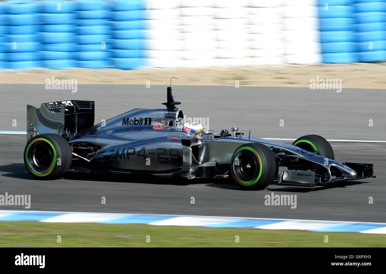 Jenson Button, pilote McLaren, lors des essais de Formule 1 2014 au circuit de Jerez, Jerez, Espagne. Banque D'Images