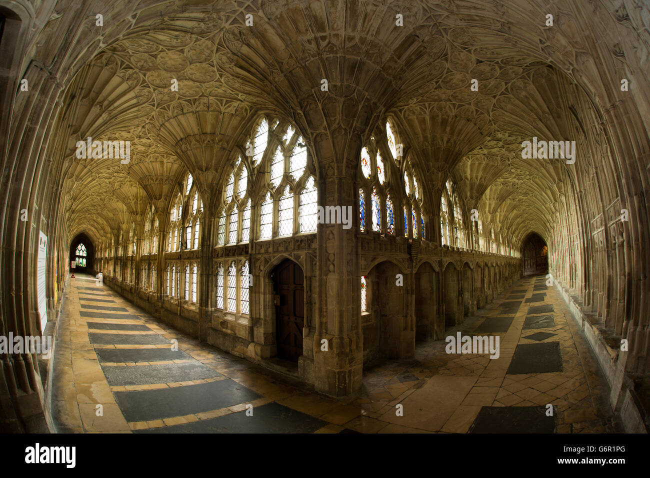 Gloucester, Gloucestershire, Royaume-Uni, cathédrale, cloître, la plus ancienne de la Grande-Bretagne ventilateur au plafond voûté, fish eye vue optique Banque D'Images