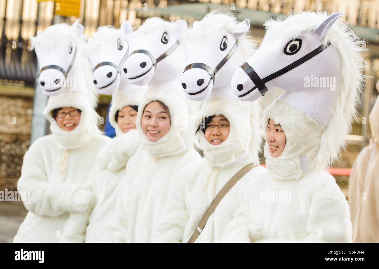 Des artistes en costume de cheval avant le début de la parade annuelle du nouvel an chinois dans le centre de Londres, marquant le début de l'année du cheval. Banque D'Images