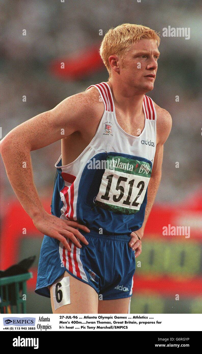 27-JUL-96, Jeux Olympiques d'Atlanta, Athlétisme, 400m pour hommes.Iwan Thomas, Grande-Bretagne, se prépare à sa chaleur Banque D'Images