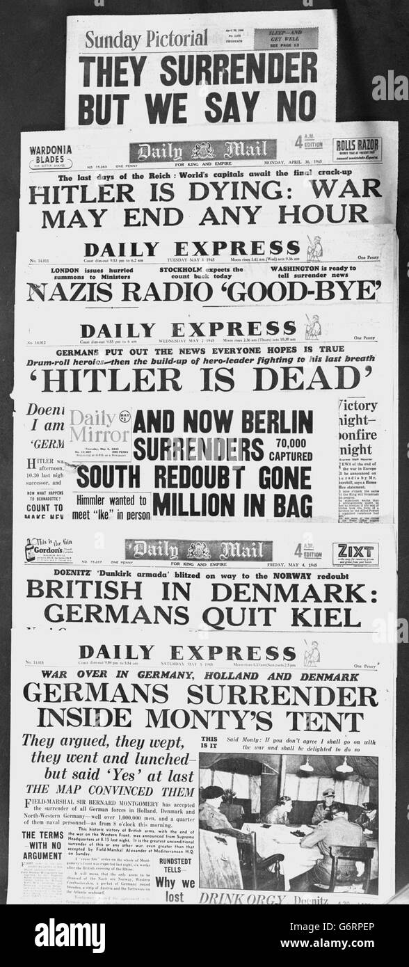 Titres d'une sélection de journaux pendant l'une des périodes capitales de la Seconde Guerre mondiale, du 29 avril au 5 mai 1945. Banque D'Images