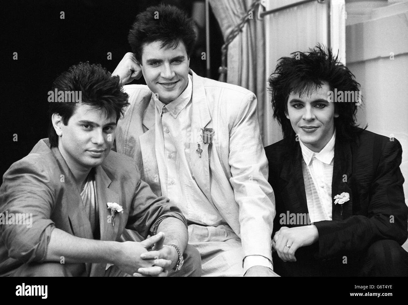 DURAN Duran, (G-D) Roger Taylor, Simon le bon et Nick Rhodes, faisant la promotion de leur James Bond Movie Song, A View to a Kill. Banque D'Images