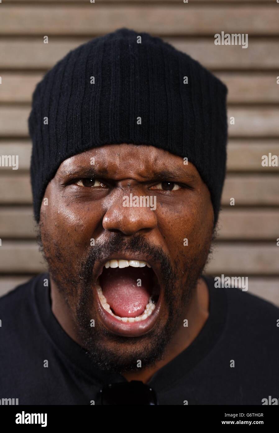 Dereck Chisora après la conférence de presse de tête en tête au restaurant Fredericks, Londres. Banque D'Images