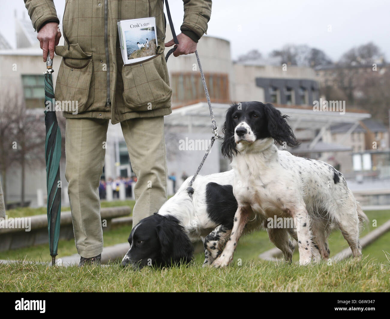 Les membres de la Scottish Gamekeepers Association (SGA) et leurs chiens devant le Parlement écossais d'Édimbourg, avant de présenter une pétition signée par 4,158 au secrétaire à l'Environnement Richard Lochhead, appelant à l'annulation de l'interdiction des chiens de travail pour des raisons de bien-être des animaux. Banque D'Images