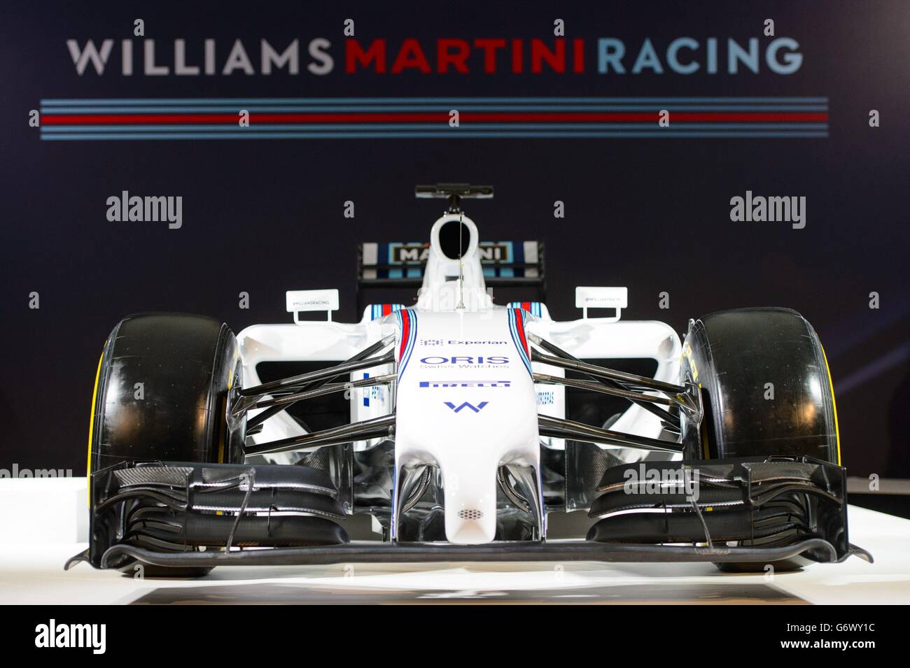 La voiture de Formule 1 Williams Martini lors d'une séance photo lors du lancement officiel de l'écurie de Formule 1 Williams2014, à Londres. Banque D'Images