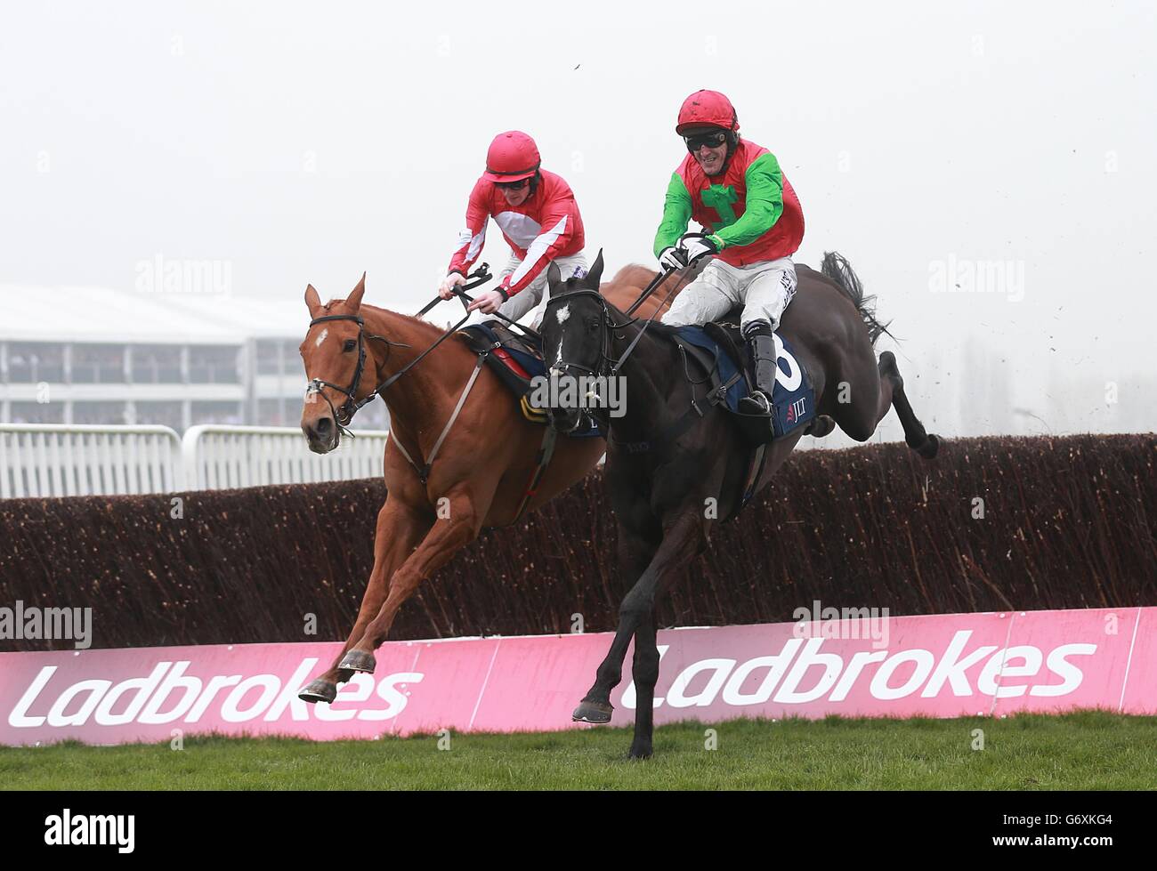 Taquin du deuil monté par A. P. McCoy (à droite) devant le Double Ross monté par Samuel Twiston-Davies (à gauche) avant de gagner la Chase des novices du JLT le jour de la St Patrick, pendant le Cheltenham Festival. Banque D'Images