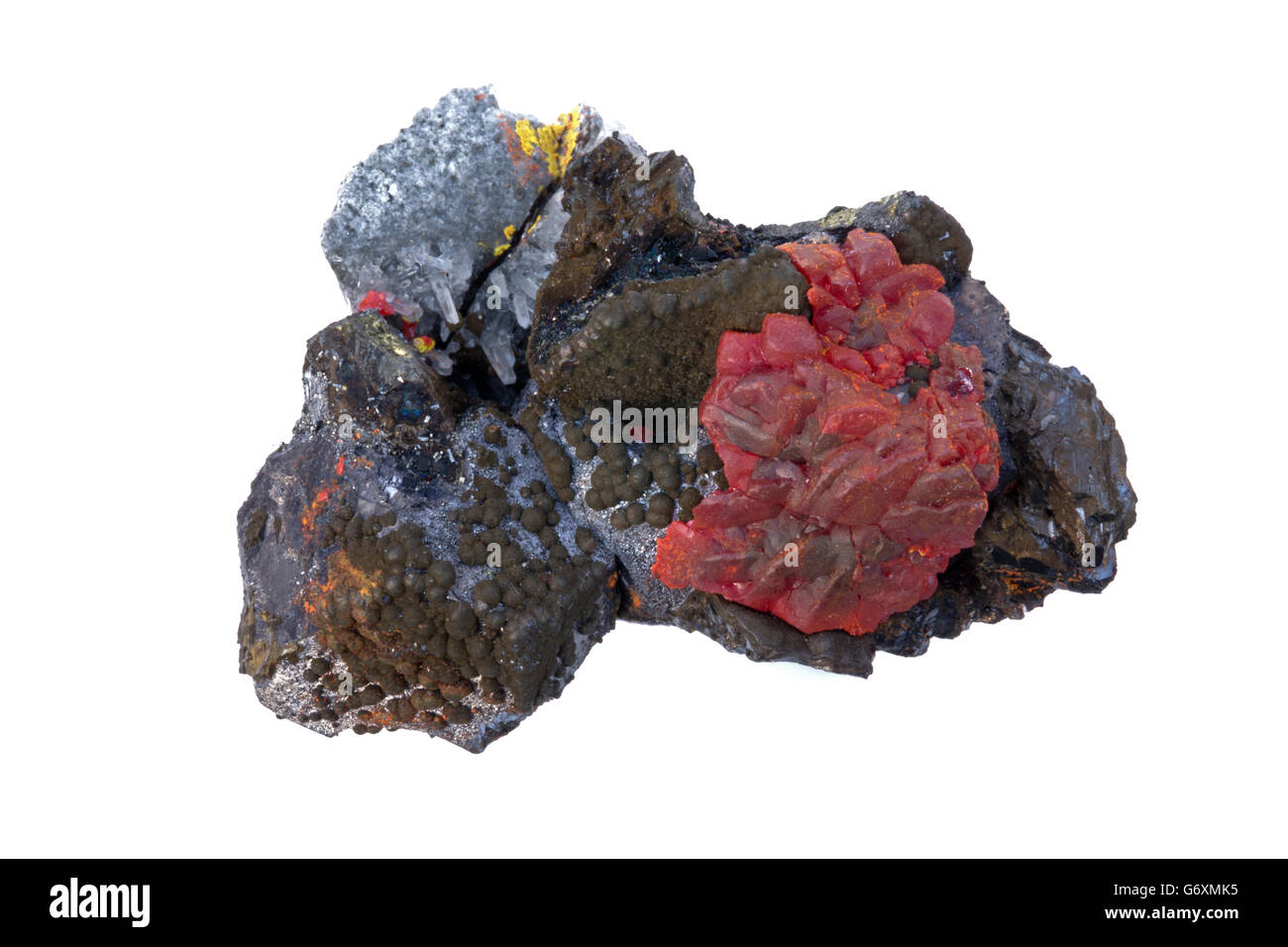 Réalgar,comme4S4, l'arsenic minéral, un minerai de sulfure d'arsenic minéral, et la galène, minerai de plomb, Paloma mine, Pérou Banque D'Images