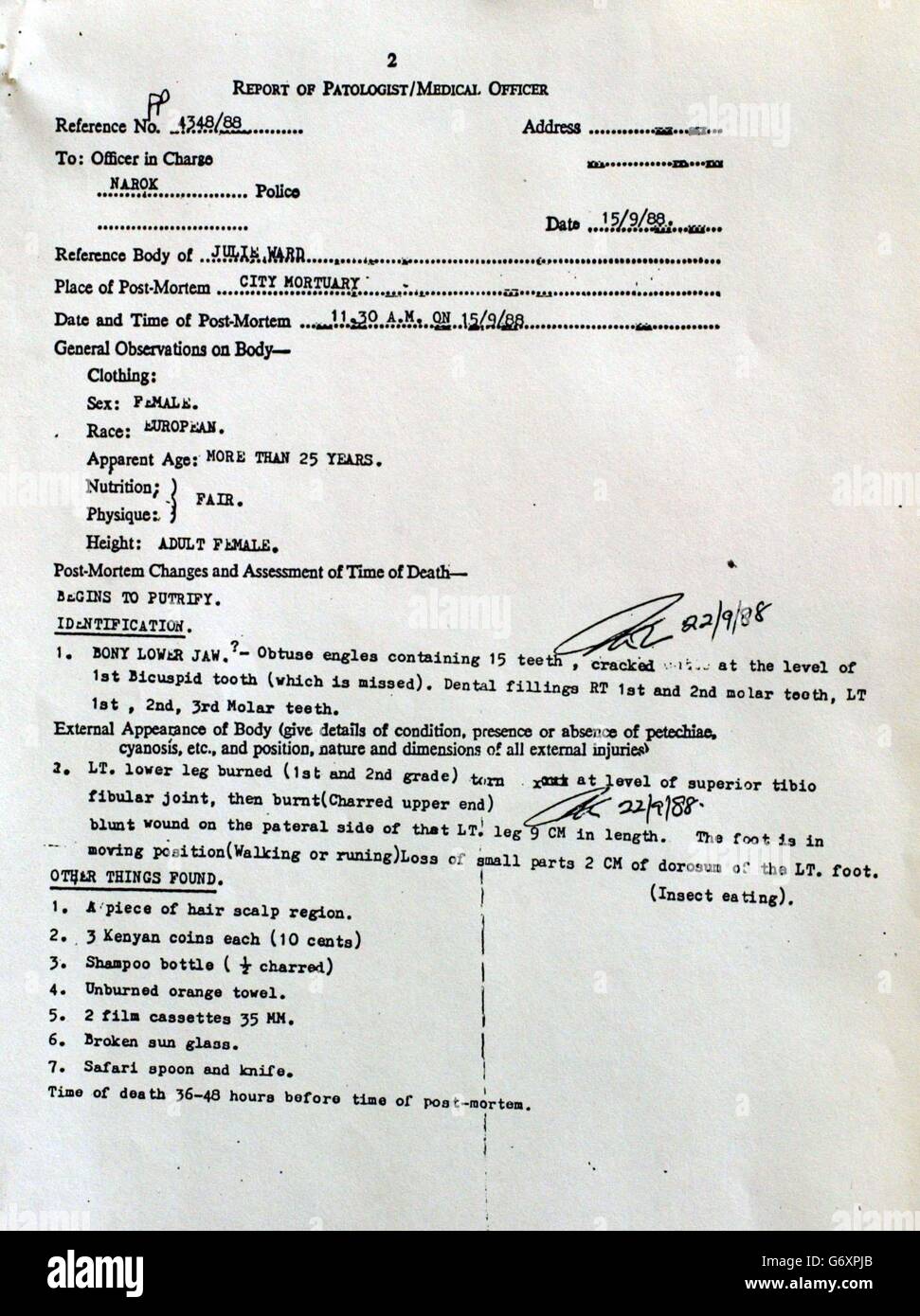 : page deux du rapport post-mortem sur la mort de Julie Ward - qui a été tué il y a 16 ans en photographiant la faune en Afrique - qui a été publié lors d'une enquête sur sa mort à Ipswich County Hall, Suffolk. Le père de Julie, John Ward, 70 ans, a dit aujourd'hui à l'enquête comment il a trouvé des parties du corps après avoir pris l'avion pour l'Afrique pour chercher sa fille. Banque D'Images