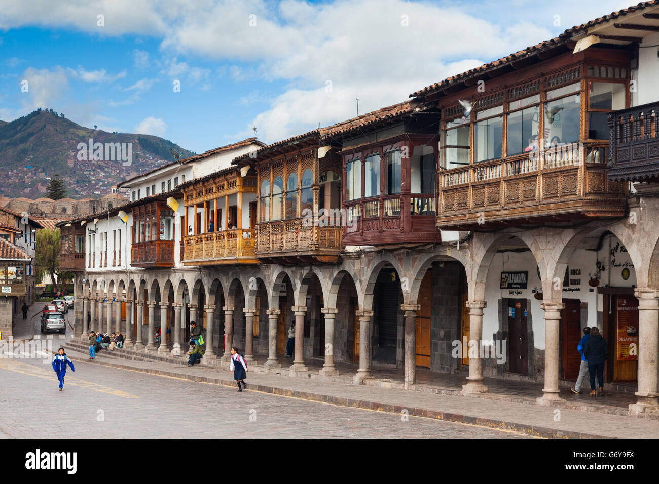 Du côté nord de la Plaza de Armas de la ville de Cusco, Pérou, Banque D'Images