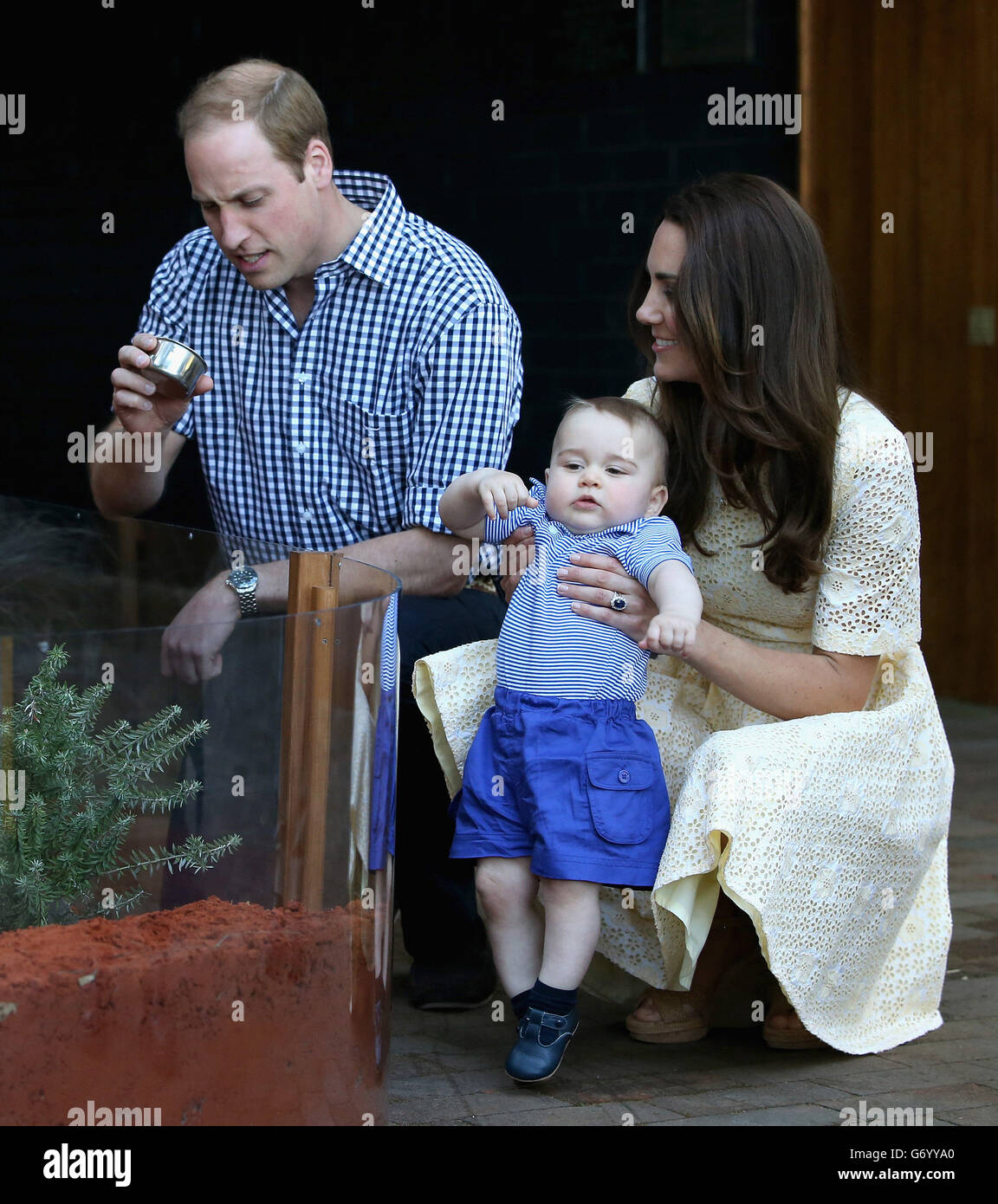 Le duc et la duchesse de Cambridge et le prince George de Cambridge regardent un Bilby appelé George au zoo de Taronga à Sydney, en Australie, le duc et la duchesse de Cambridge font une tournée de trois semaines en Australie et en Nouvelle-Zélande. Banque D'Images