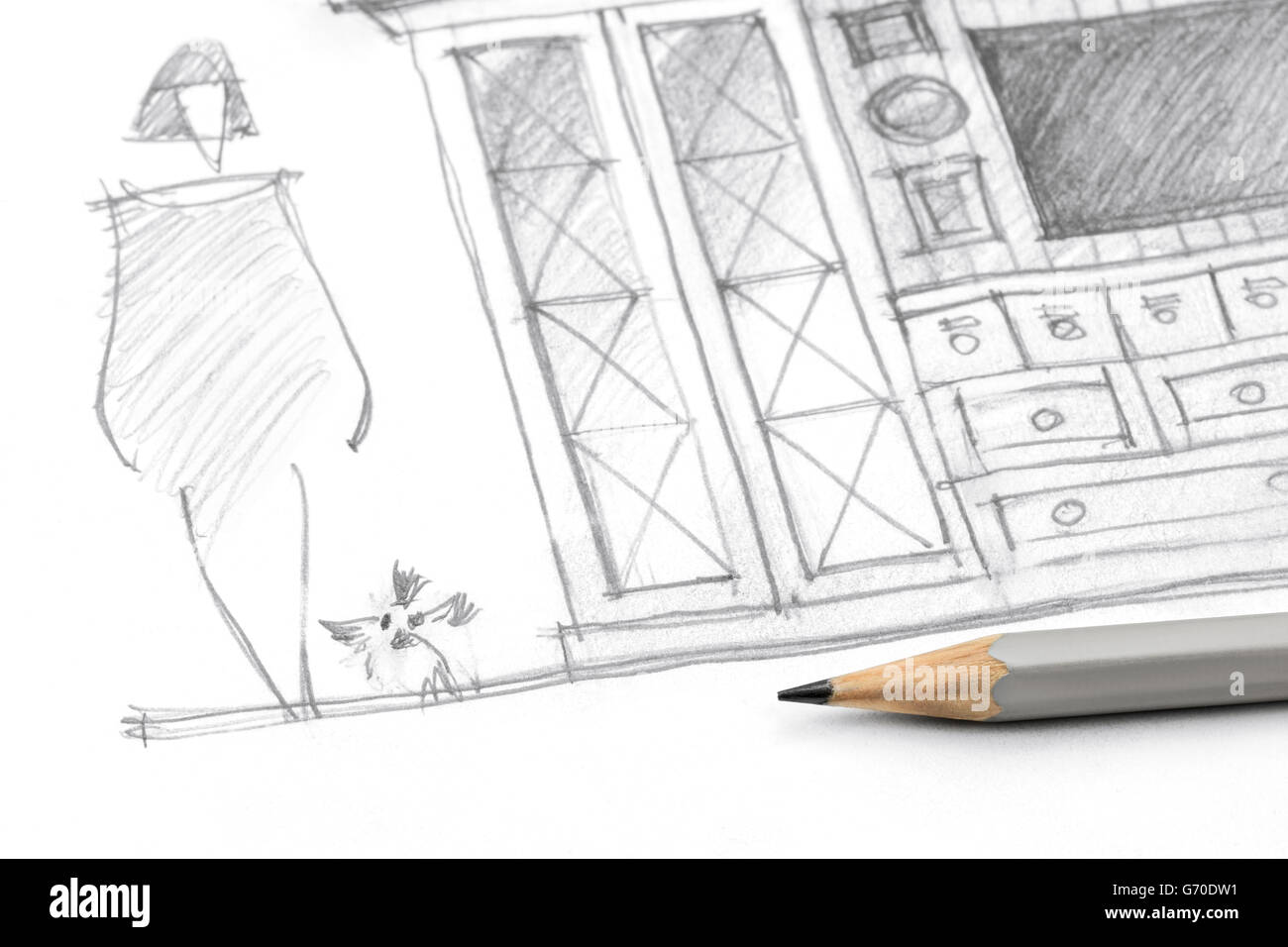 La paix d'un croquis au crayon de meubles de salon avec des outils de dessin Banque D'Images