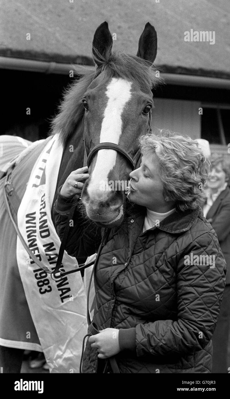 L'entraîneur Mme Jenny Pitman, 37 ans, accueille le grand gagnant national Corbiere avec un baiser dans le petit village Berkshire de Upper Lambourn, après le long voyage de Liverpool. Corbiere a mis Jenny dans les livres de disques comme la première femme entraîneur d'une gagnante nationale. Banque D'Images