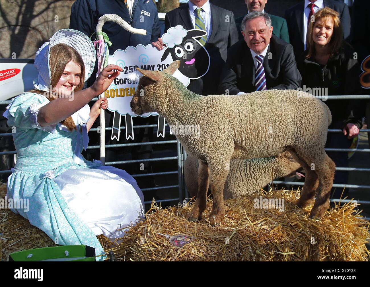 (De gauche à droite) Emma Shaw, âgée de 11 ans, ministre des dépenses publiques Brendan Howlin et éleveuse de moutons Collette Deegan lors du lancement du 16e Championnat mondial de tonte et d'élevage de moutons; championnats de manutention de la laine à Kildare Street Dublin. Banque D'Images