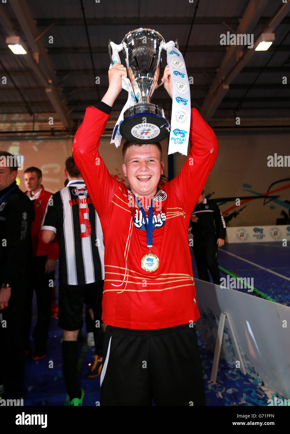 Grimsby Town célèbre la victoire de la finale du football AM Futsal Banque D'Images