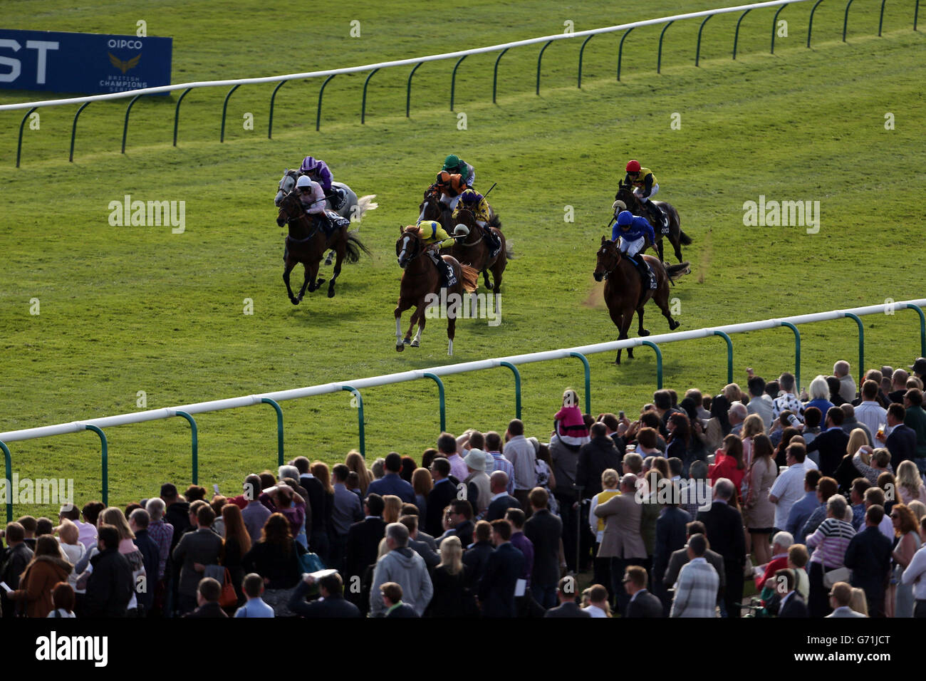 Zee Zeely (au centre en couleurs jaunes) remporte les enjeux de handicap de Qatar Racing au cours du deuxième jour du festival QIPCO Guinéas 2014 à l'hippodrome de Newmarket, Newmarket. Banque D'Images