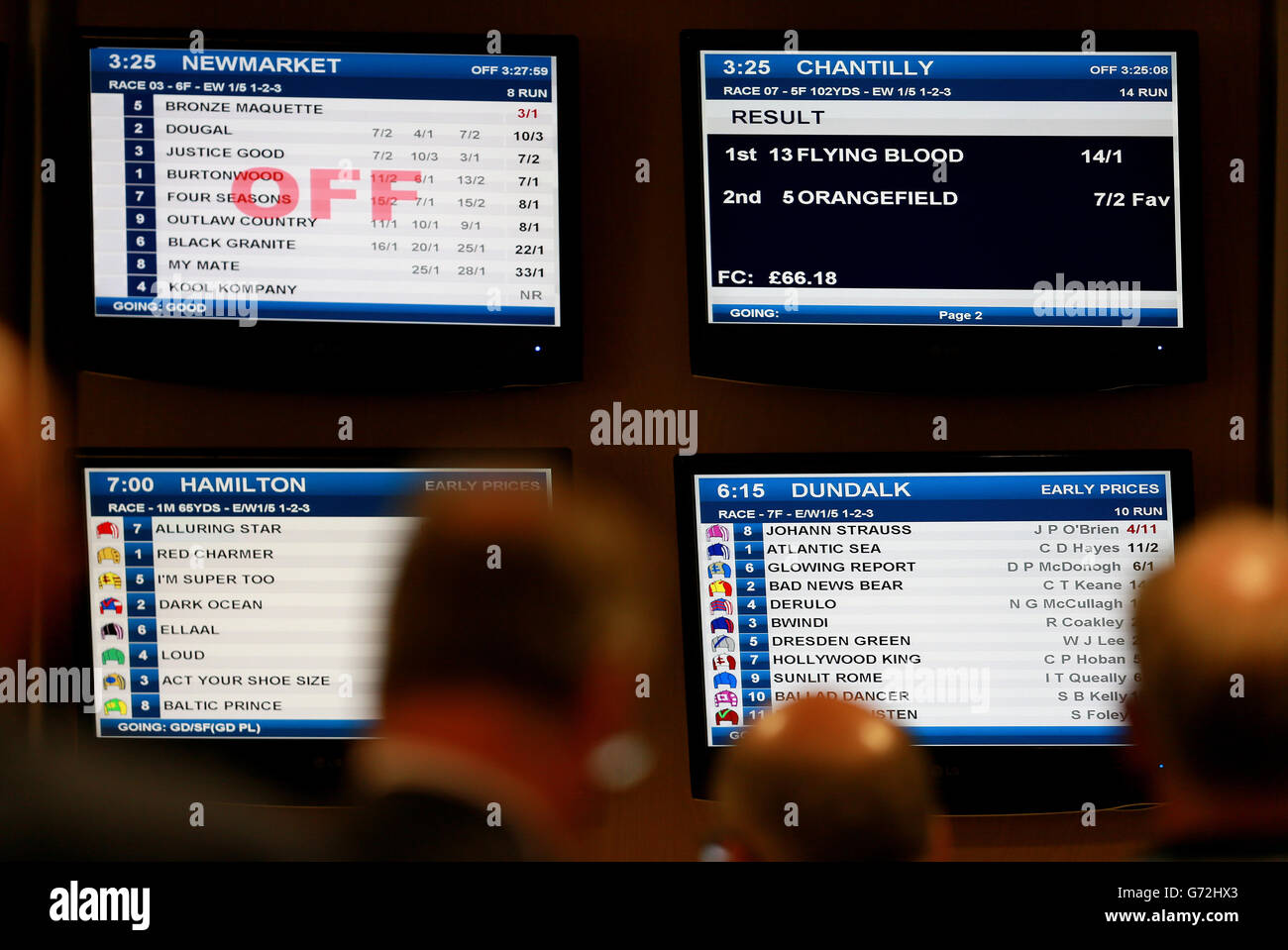 Les écrans de la librairie Betfred montrent les chances pendant le Starlight Charity Raceday à Newbury Racecourse, Berkshire. APPUYEZ SUR ASSOCIATION photo. Date de la photo: Vendredi 16 mai 2014. Voir PA Story RACING Newbury. Le crédit photo devrait se lire comme suit : David Davies/PA Wire. Banque D'Images