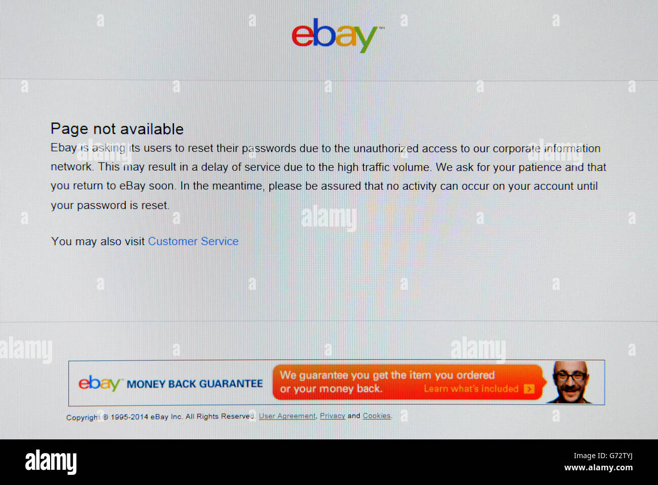Une vue du message affiché sur la page de connexion d'eBay comme le géant de l'e-commerce a dit à tous ses utilisateurs de changer leurs mots de passe dans le sillage d'une cyber-attaque sur le marché en ligne populaire. Banque D'Images