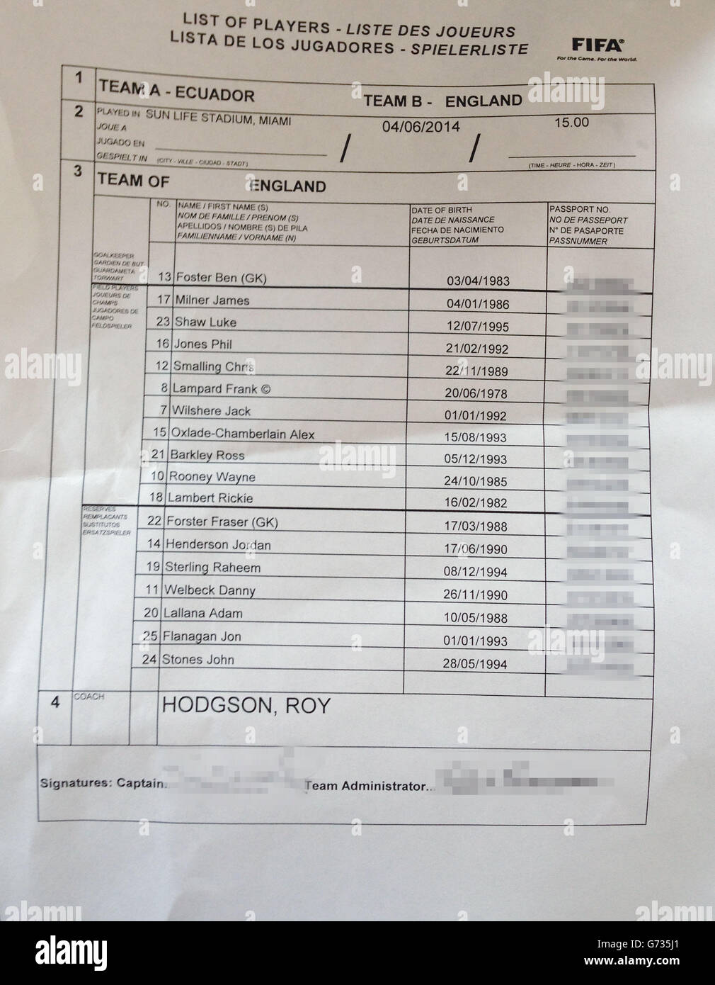 Une vue de la fiche de l'équipe d'Angleterre, avant le match amical au Sun Life Stadium à Miami, aux États-Unis. Banque D'Images