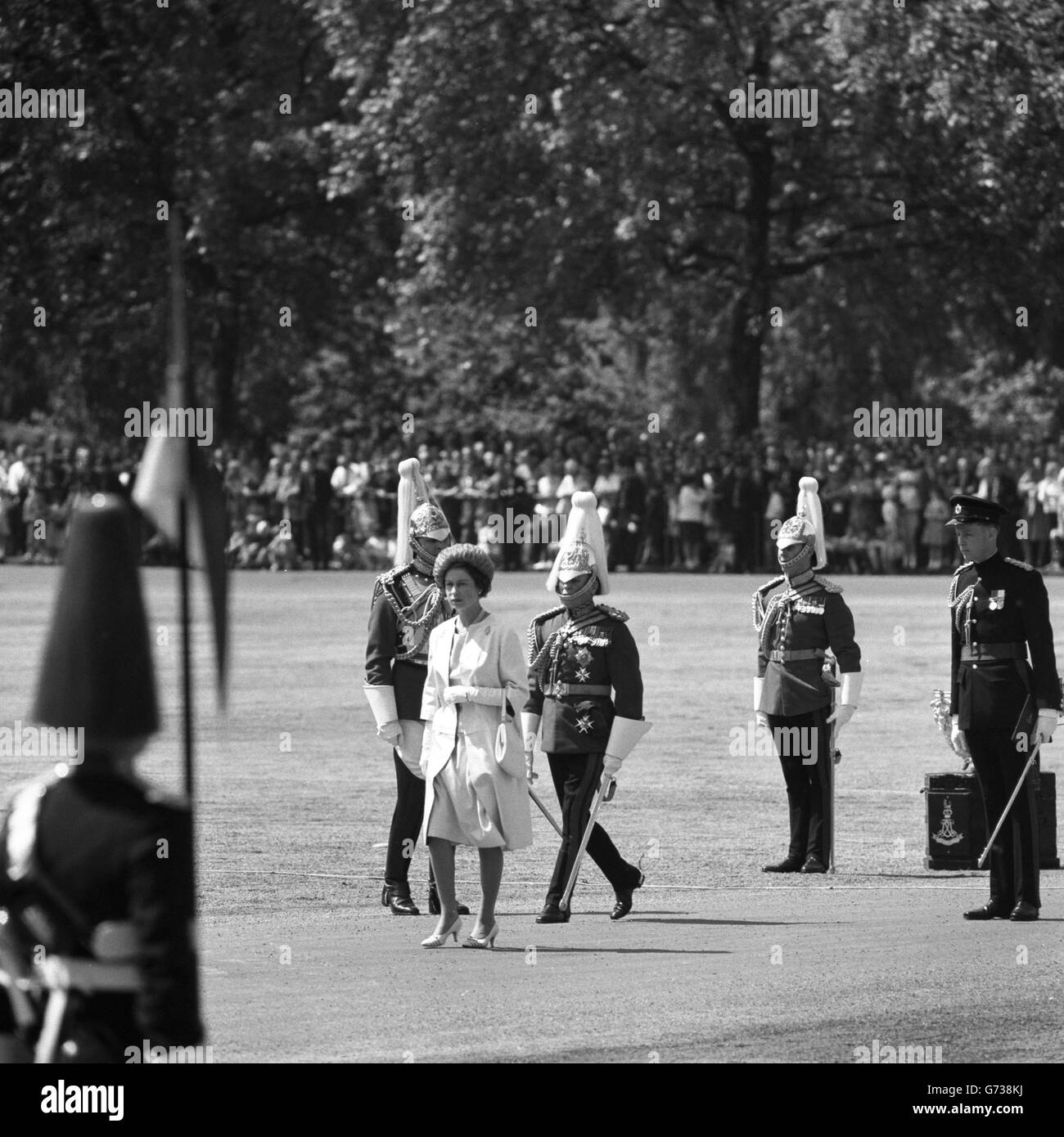 La Reine, en tant que colonel en chef, présente de nouvelles normes à la cavalerie de la maison - les gardes de la vie et les gardes royaux du cheval (les Bleus) - pendant la parade des gardes du cheval à Londres. Banque D'Images