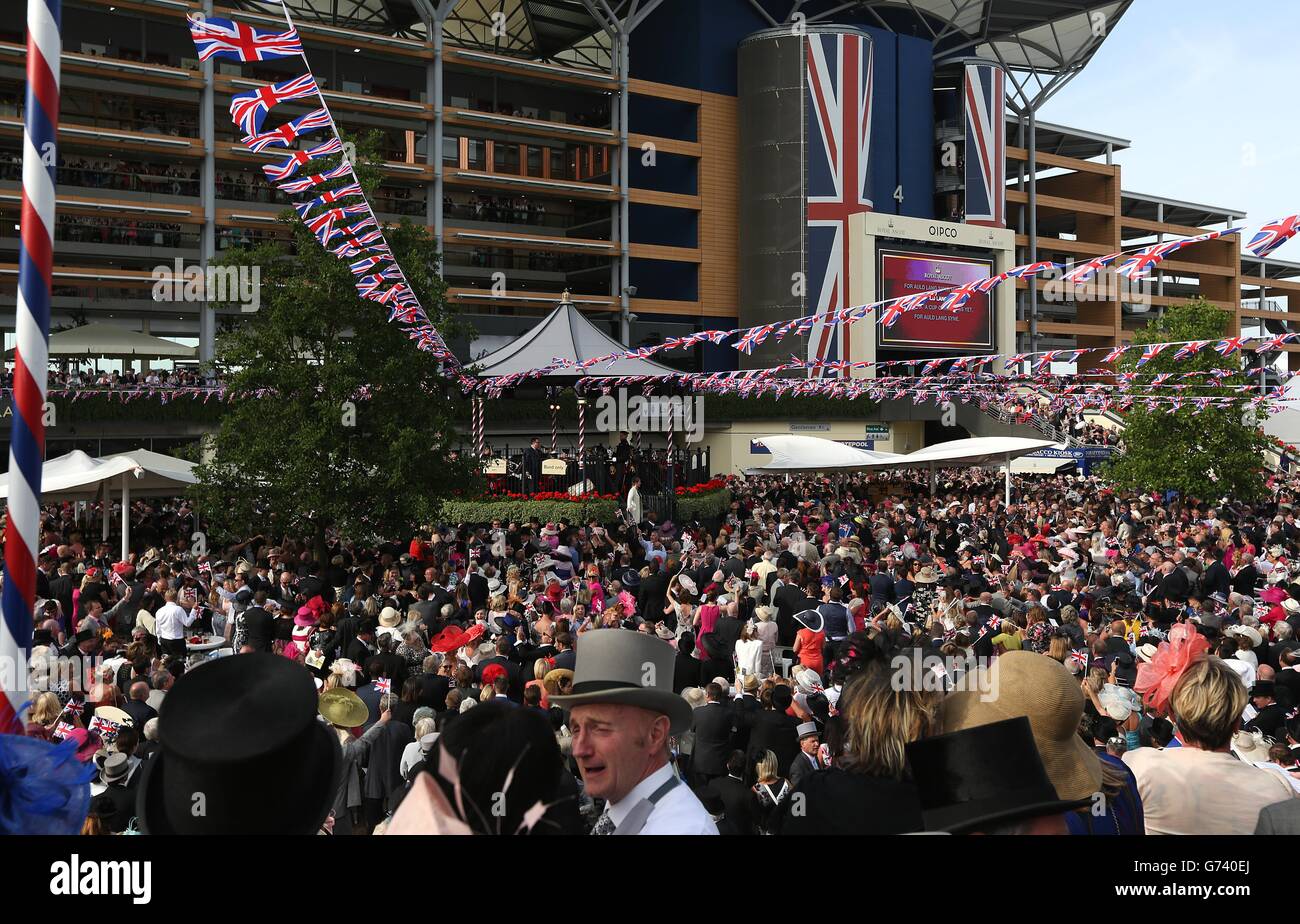 Courses hippiques - Réunion Royal Ascot 2014 - première journée - Hippodrome d'Ascot.La tradition d'Ascot de chanter autour du kiosque à la fin de la première journée de la rencontre royale d'Ascot de 2014 à l'hippodrome d'Ascot, Berkshire. Banque D'Images