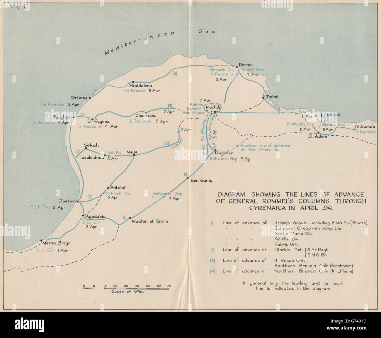Campagne d'AFRIQUE DU NORD en avril 1941. L'avance de Rommel, la Cyrénaïque. Carte de la Libye, 1956 Banque D'Images