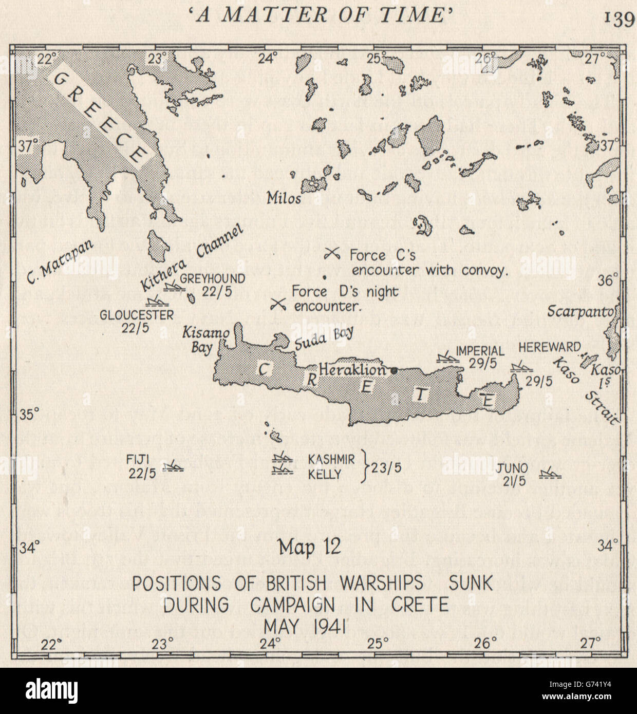 Bataille de Crète, mai 1941. Navires britanniques coulés pendant la campagne. Carte de la Grèce 1956 Banque D'Images