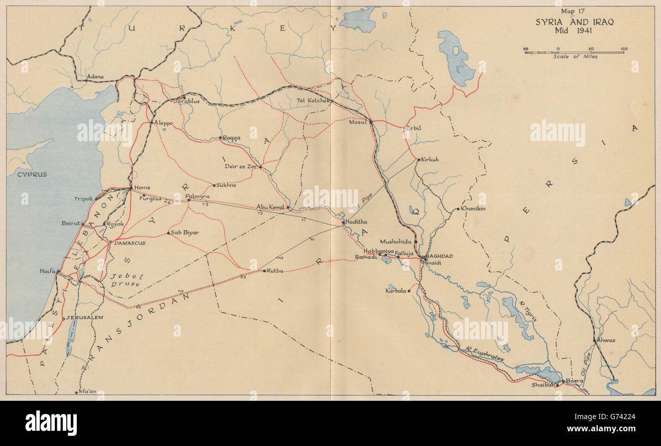 Les anglo-guerre en Irak de 1941. La Syrie et l'Iraq, mi 1941. World War 2, 1956 carte vintage Banque D'Images
