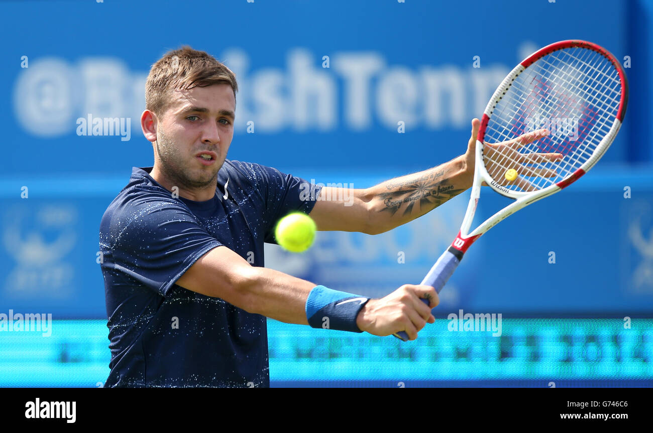 Tennis - Championnats AEGON 2014 - première journée - le Queen's Club.Daniel Evans en action pendant son match contre Jurgen Melzer lors des Championnats AEGON au Queen's Club de Londres. Banque D'Images