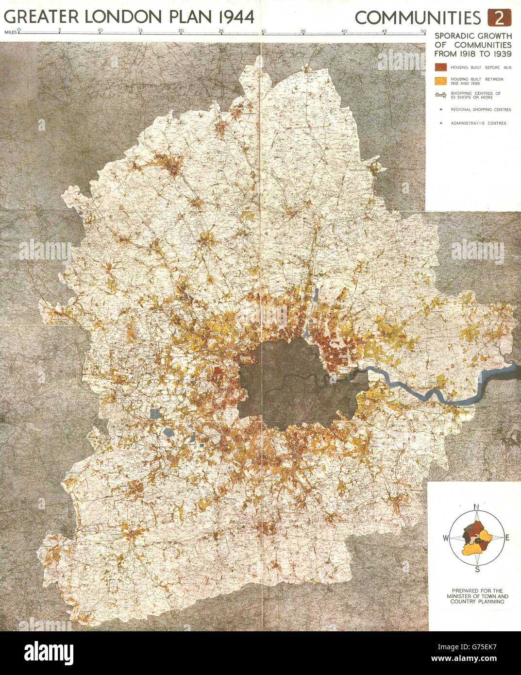 Grand Londres. Logements construits  <1918, 1918-1939. ABERCROMBIE, 1944 carte vintage Banque D'Images