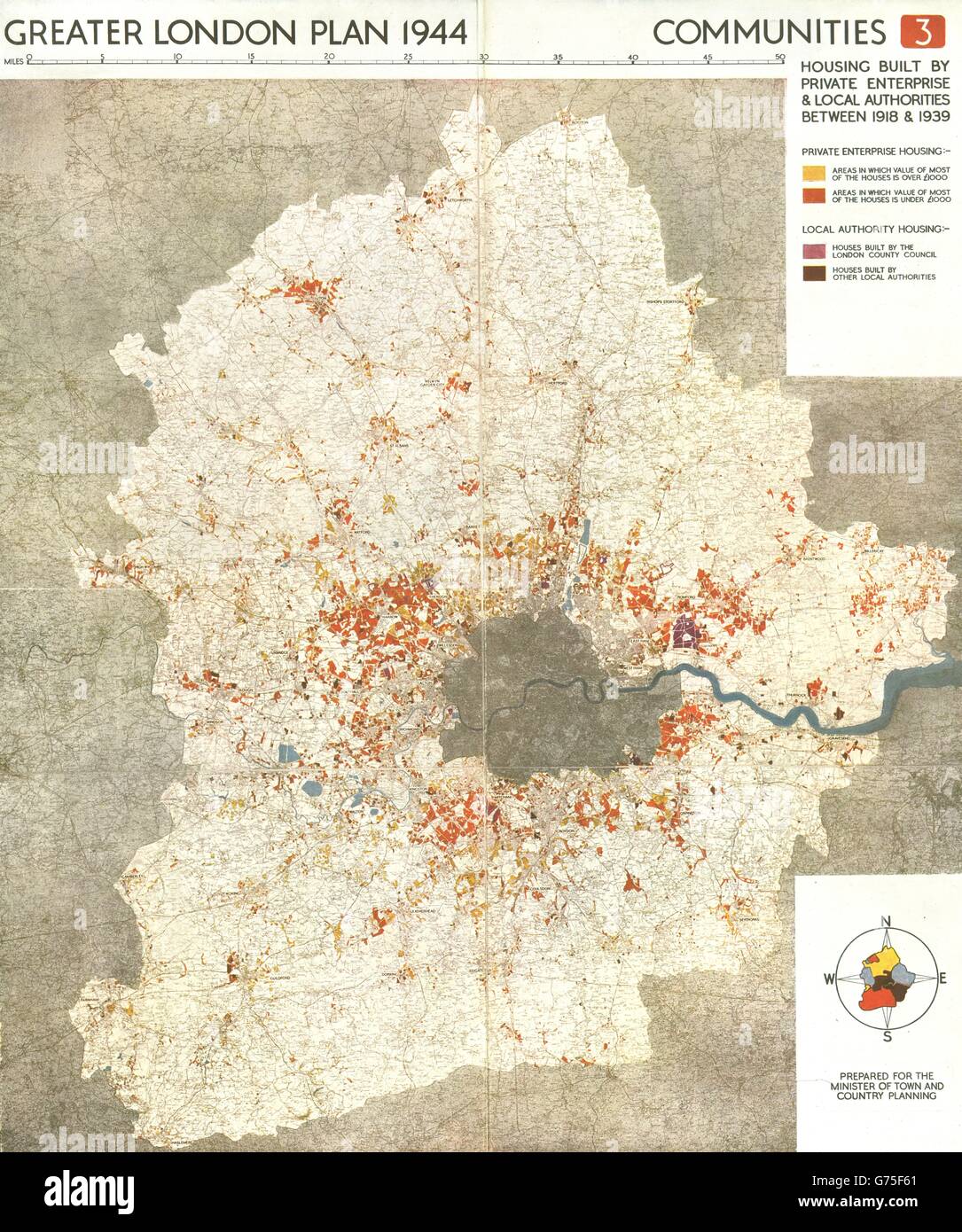 Grand Londres. Le logement public et privé construit 1918-1939. ABERCROMBIE, 1944 map Banque D'Images