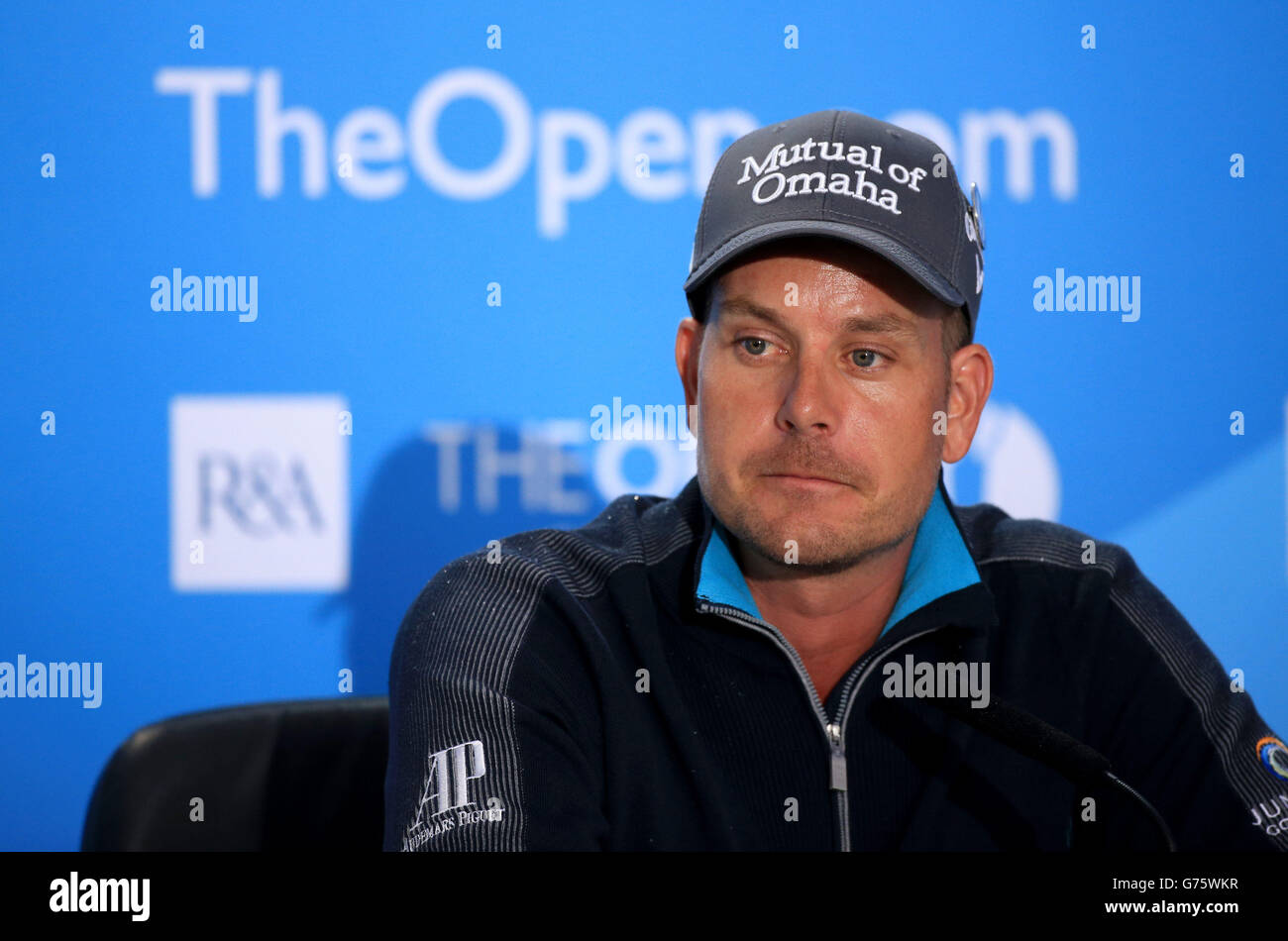 Henrik Stenson en Suède lors d'une conférence de presse sur le quatrième jour d'entraînement du Championnat d'Open 2014 au Royal Liverpool Golf Club, Hoylake. Banque D'Images