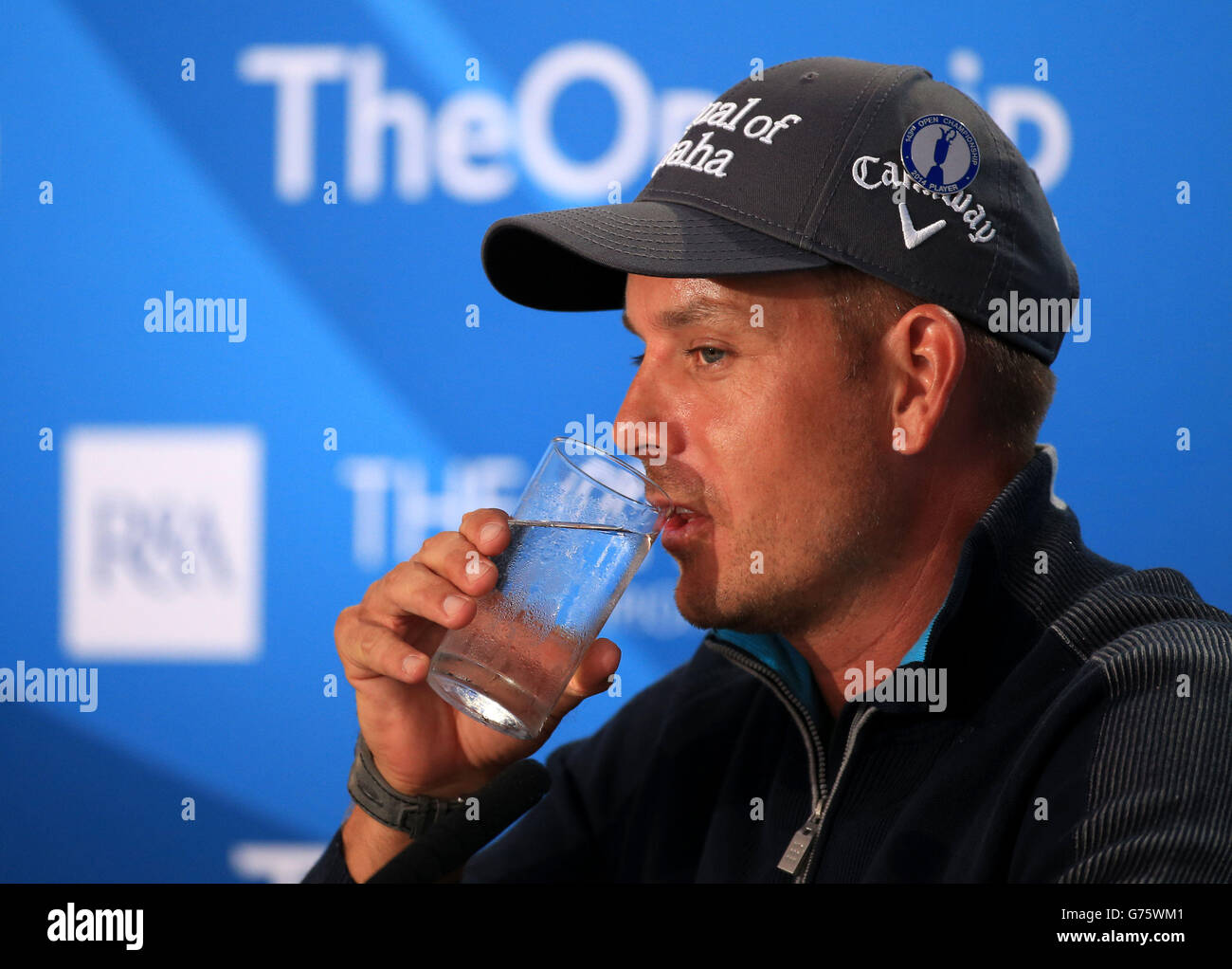 Henrik Stenson en Suède lors d'une conférence de presse sur le quatrième jour d'entraînement du Championnat d'Open 2014 au Royal Liverpool Golf Club, Hoylake. Banque D'Images