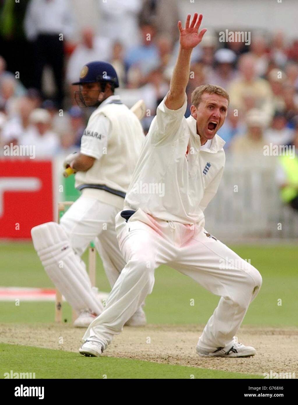 Un appel insutiful de Dominic Cork en Angleterre pour le cricket de l'Inde de Virendar Shewag lors du second NPower Test entre l'Angleterre et l'Inde à Trent Bridge, Nottingham. Banque D'Images