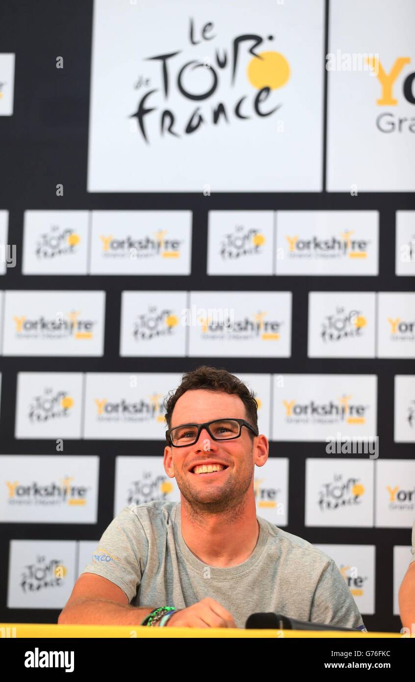 Mark Cavendish de l'équipe Omega Pharma-Quick Step Cycling lors d'une conférence de presse à Leeds. Banque D'Images