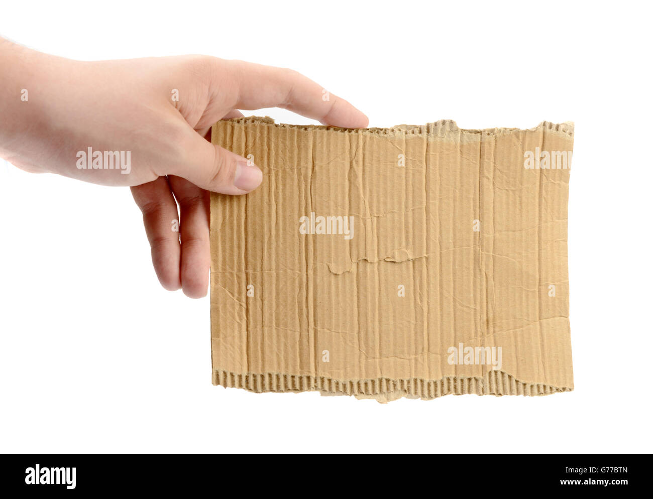 Hand holding empty morceau de carton isolated on white Banque D'Images