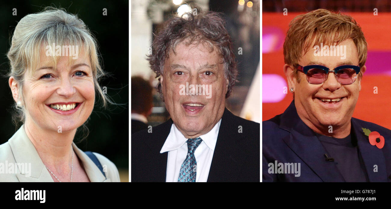 Photos de (de gauche) Carol Kirkwood, Tom Stoppard et Sir Elton John. Banque D'Images