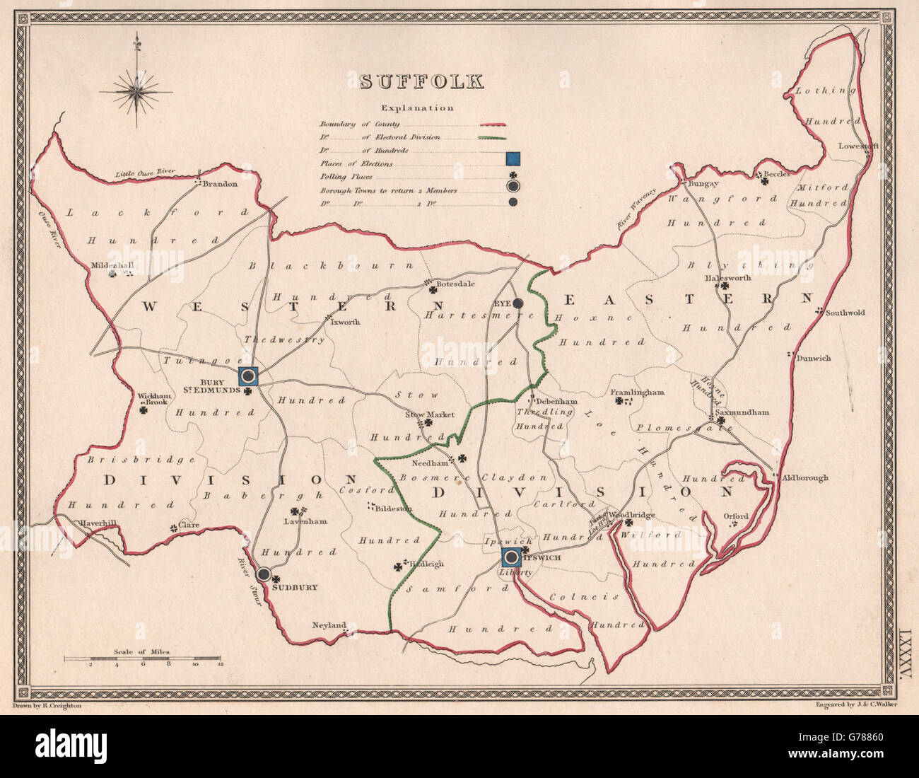 Le Suffolk County carte antique par CREIGHTON/WALKER. Circonscription électorale, 1835 Banque D'Images